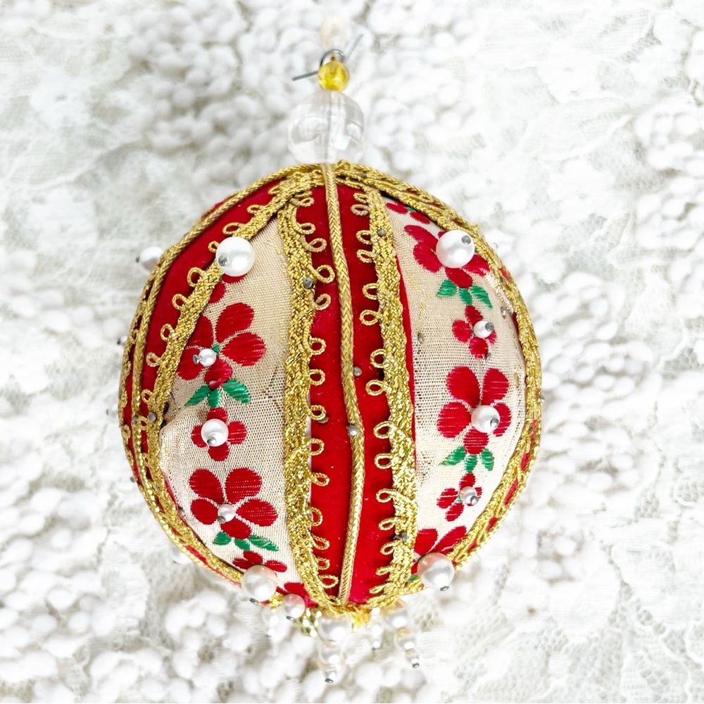 Vintage Sequin Beaded Push Pin Hand Made Christmas Ornament Red Green Gold Pearl
